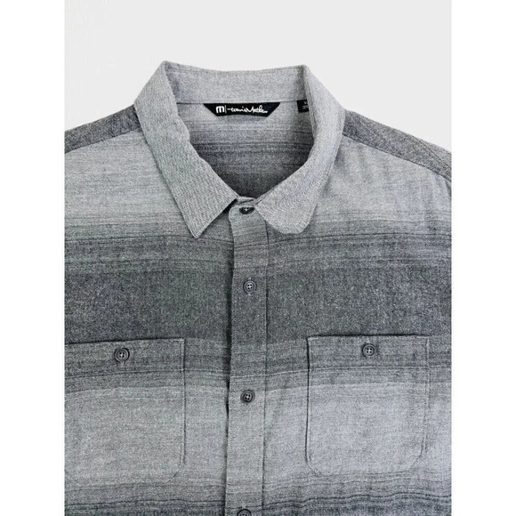 Travis Mathew Size XL Mens Gray Stripe Flannel Long Sleeve Pocket Hem Logo Shirt - Picture 12 of 12